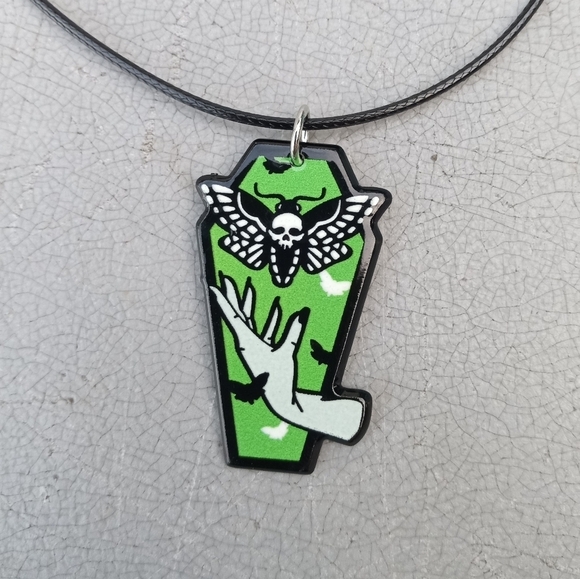 2/$10 Coffin Moth Witchy Acrylic Charm Necklace NWT - Picture 2 of 4